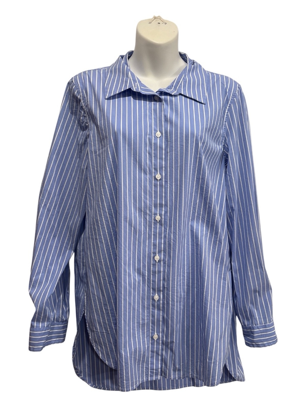 Calvin Klein Blue and White Striped Women's Button-Up Blouse size large